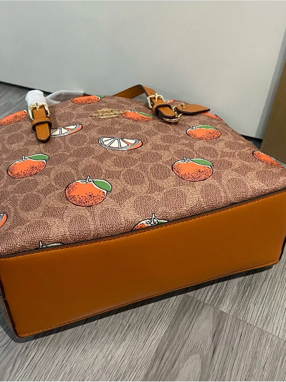 Coach Brown Monogram Tote with Orange Fruit Print
